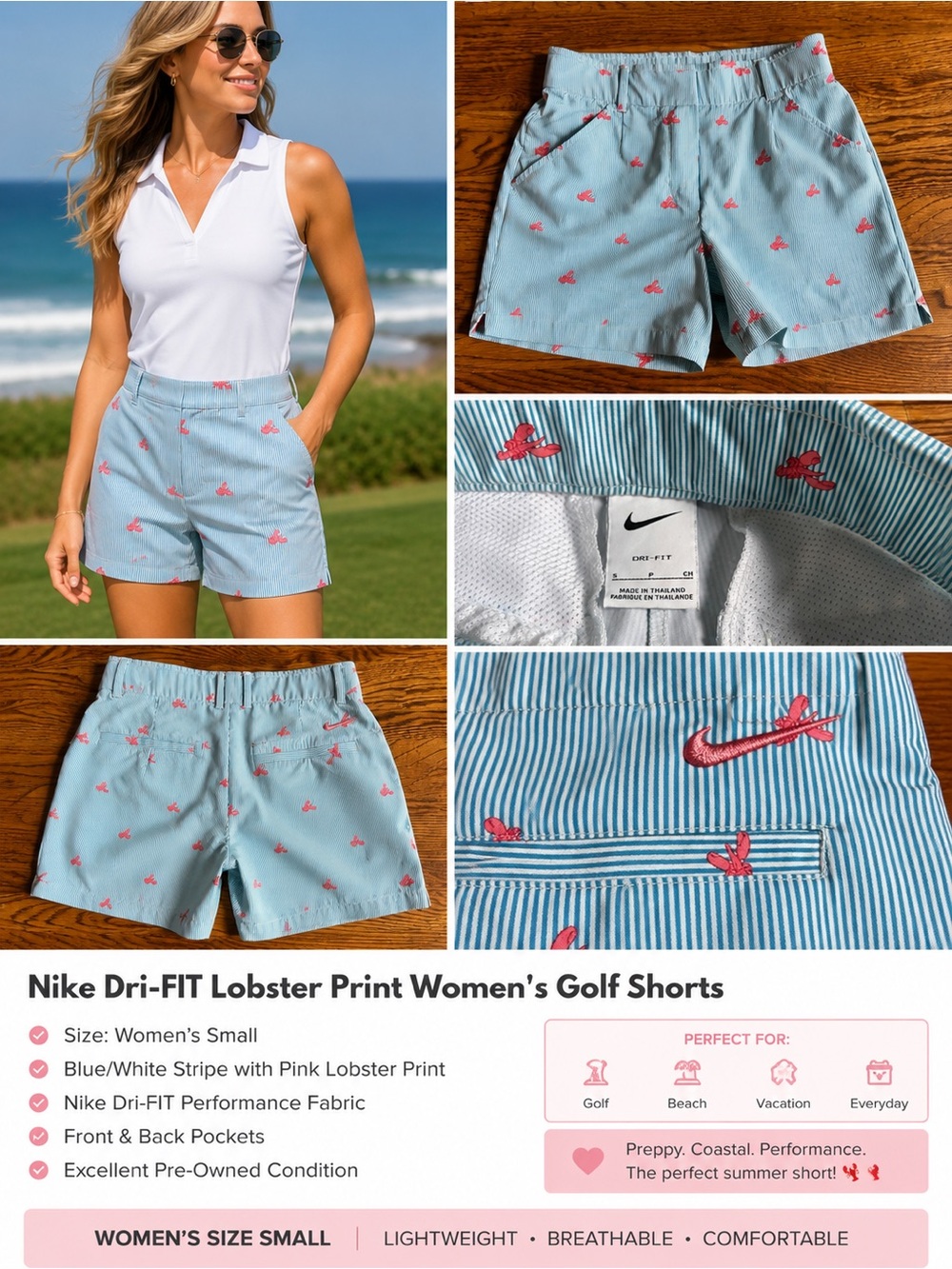 Nike Dri-FIT Lobster Print Golf Shorts Women’s Small Blue Pink Preppy Coastal